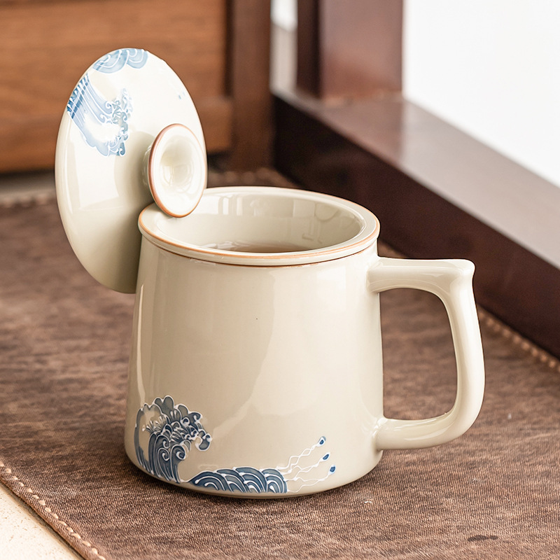 Cốc nước chạm khắc sóng biển vẽ tay cốc gốm sứ gia dụng có nắp cốc trà tách trà lớn cốc văn phòng cốc nước
