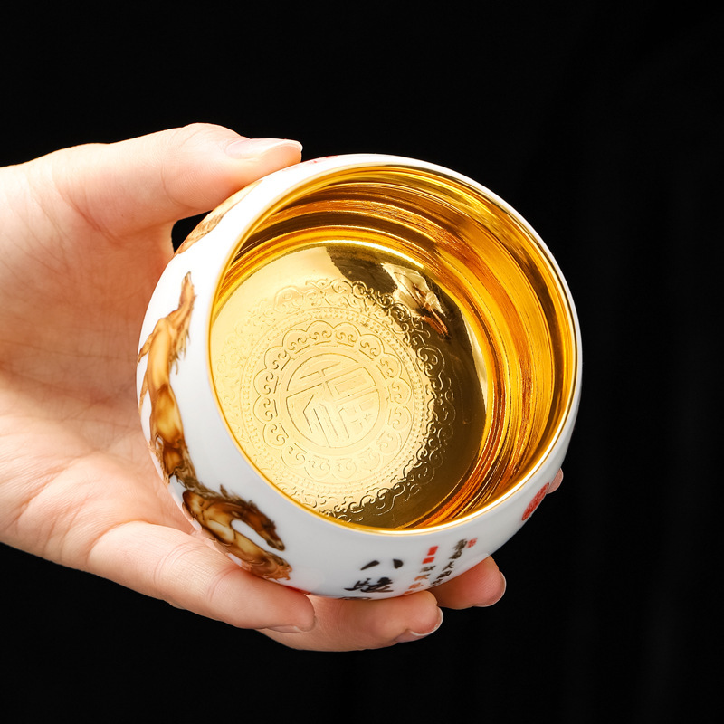 Cốc chủ nhân lót mạ vàng 24k cốc trà sứ dụng cụ trà Kung Fu cao cấp gia dụng cốc trà quà tặng hộp quà lưu niệm