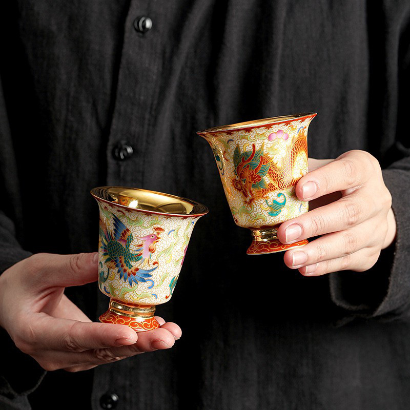 Cốc trà rồng phượng màu men cốc chủ nhân cốc trà gốm sứ mạ vàng chén trà chén trà bát trà cặp trà quà lưu niệm cao cấp