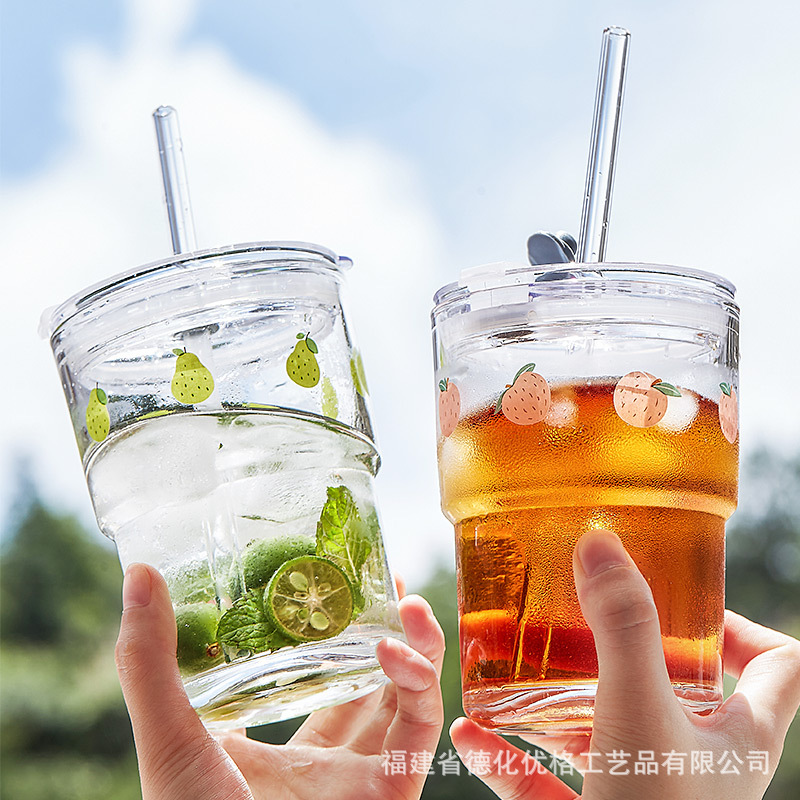 Cốc thủy tinh dễ thương phong cách ins cốc nước có giá trị cao có nắp lớn cốc trà hoa nước trái cây mùa hè cho nữ Cốc ống hút
