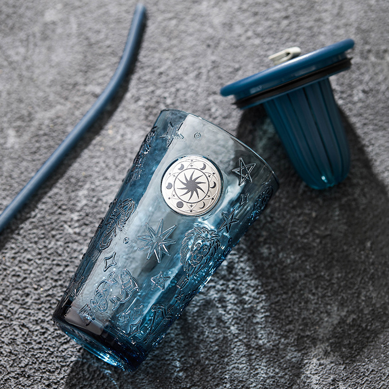 Cốc thủy tinh màu xanh mực có ống hút cốc nước trái cây cốc cà phê văn phòng gia dụng cốc nước nữ mẫu mới 2025 giá trị cao