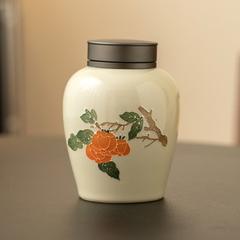 Vẽ tay hồng hồng mơ hợp kim nắp gốm sứ bộ trà bình đựng trà bình đựng trà dung tích lớn bình kín chống ẩm bình rỗng
