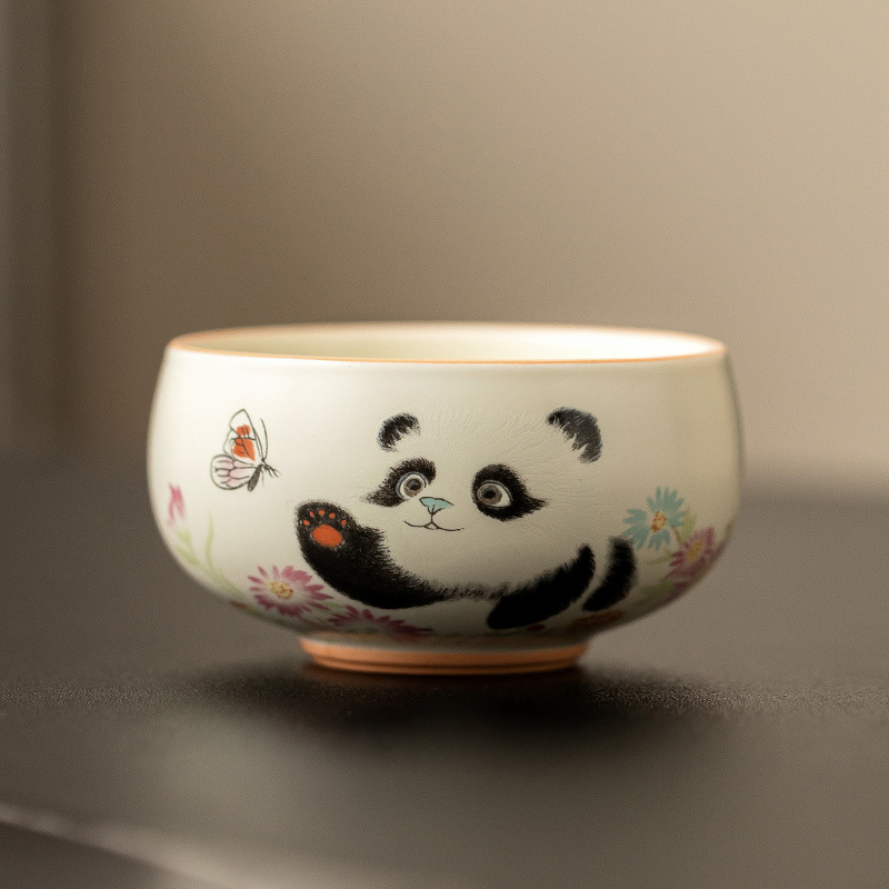 Gạo màu vàng men gấu trúc chơi bướm thiền chén nếm trà bộ trà Kung Fu gốm sứ Trung Quốc cốc chủ sở hữu cốc trà hộp quà