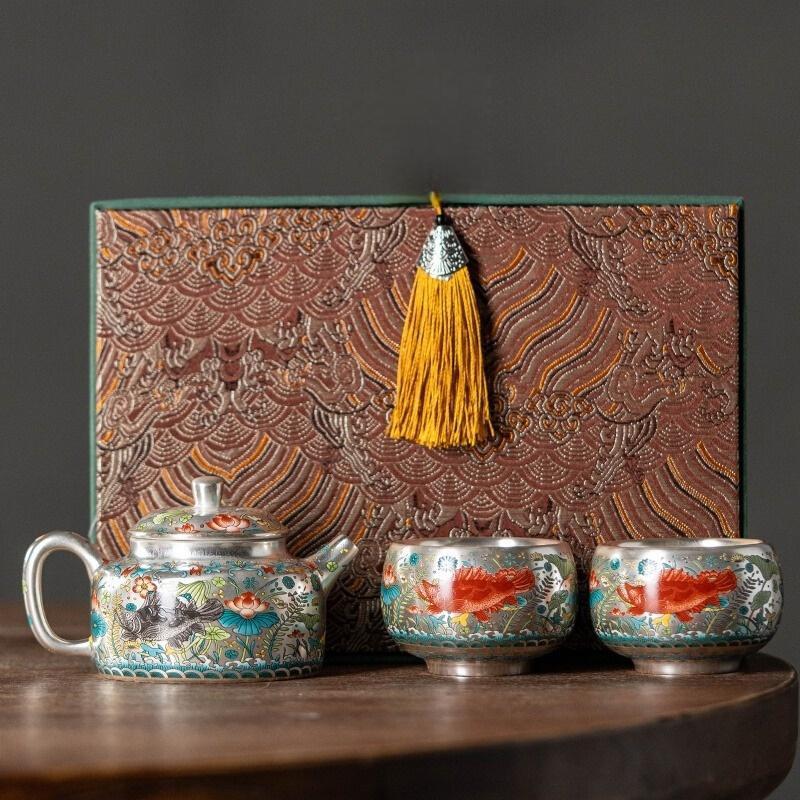 Zhou Hongjie làm thủ công mạ bạc hoa văn cá tảo ấm trà Hàn Quốc dụng cụ pha trà gia dụng cao cấp ấm trà công phu sang trọng ấm trà