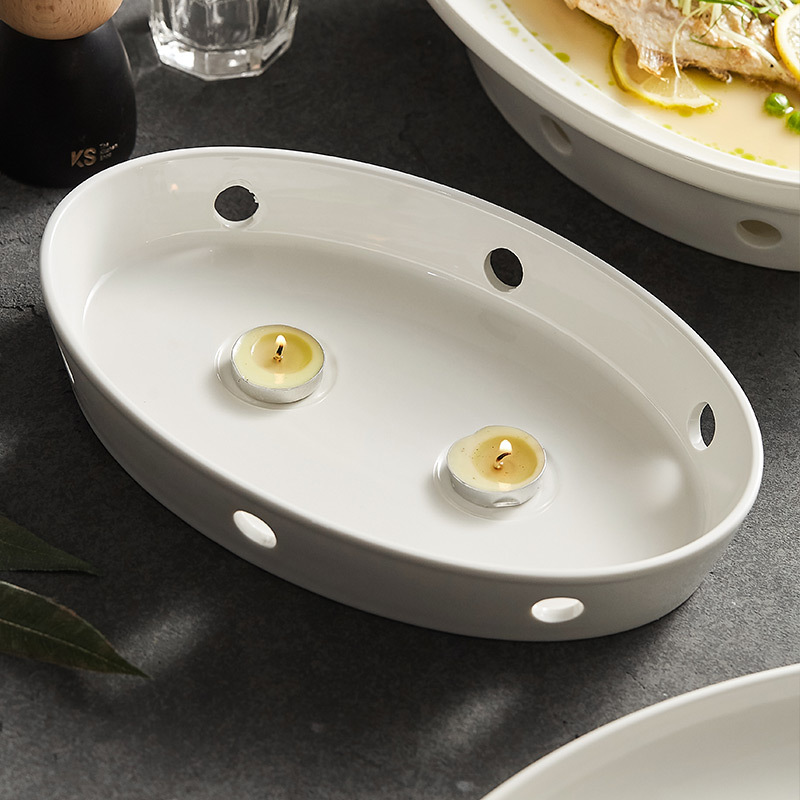 Đĩa cá với bếp nến sưởi ấm nồi khô khay bếp cách nhiệt nhà hàng cao cấp khách sạn Bộ đồ ăn đặc biệt đĩa gốm thương mại