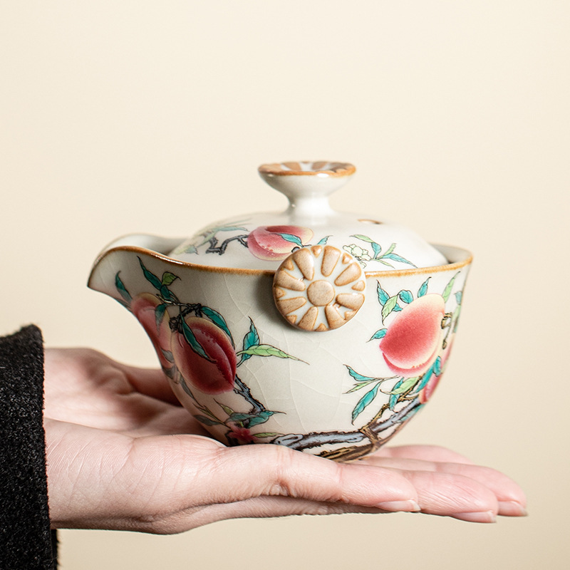 Bộ trà du lịch Song Ru Kiln Shou Tao Một ấm ba cốc cầm tay cốc nhanh Bộ trà di động ngoài trời