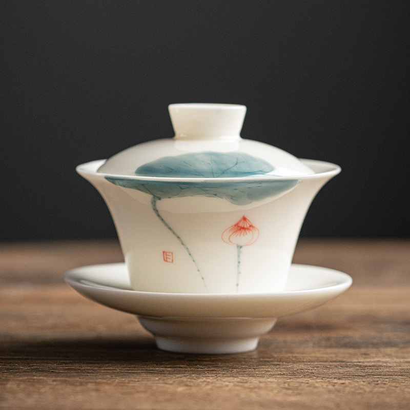 Bát có nắp ba tài bằng ngọc trắng vẽ tay để pha trà, tách trà nổi đơn bằng sứ trắng, bộ trà kung fu bằng gốm.