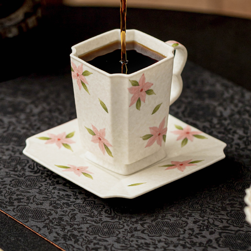 Cốc cà phê vuông hoa anh đào trắng đá cốc gốm cốc uống nước gia dụng tinh tế bộ cốc cà phê vẽ tay chống bỏng