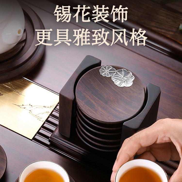Tấm lót tách trà gỗ nguyên khối bằng gỗ Đàn hương đen, Tấm Lót tách trà, tấm cách nhiệt, tấm lót bát, Tấm Lót Bộ trà Kung Fu, Tấm Lót trà, hình tròn 6 miếng