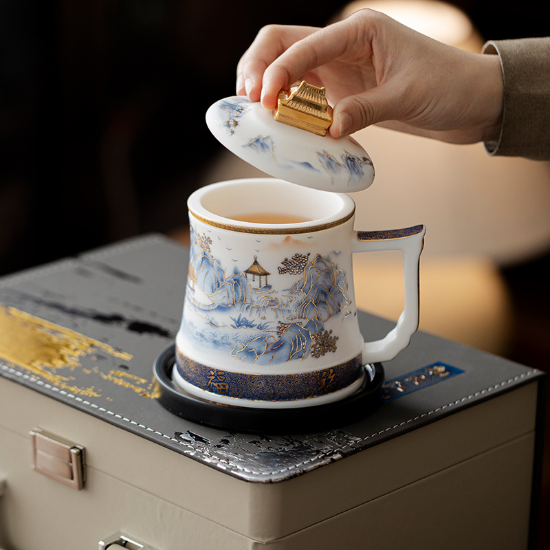 Tách trà văn phòng sứ ngọc, cốc lọc nước, cốc tách nước trà, tách trà cao cấp, quà tặng lưu niệm cao cấp