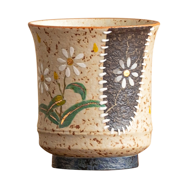 Cốc trà gốm đỏ đá lửa xanh trắng cốc chủ nhân vẽ tay hoa cúc nhỏ cốc tre cốc uống trà gia dụng