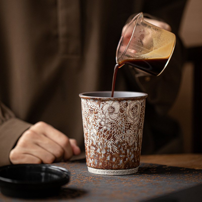 Cốc cà phê mạ bạc hoa bùn đá cũ cốc nước gốm thô cỡ lớn văn phòng gia dụng cổ điển cốc tiện dụng cốc Coca