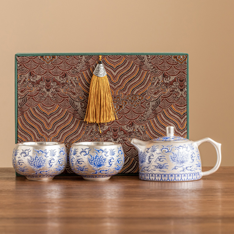 Bộ ấm trà Kung Fu cao cấp mạ bạc 999 bộ ấm trà hoa sen sinh mẫu mới 2025 một ấm hai cốc