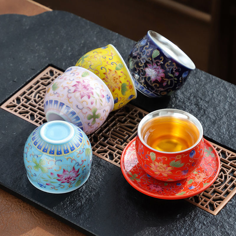 Cốc bạc có đế lót ly 999 cốc trà mạ bạc thủ công bằng bạc nguyên chất men màu Kung Fu tách trà bát trà cốc chủ nhân