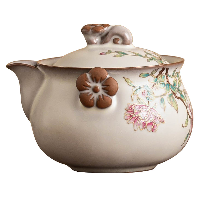 Ấm trà Ru Kiln ấm cầm tay có nắp đậy ấm pha trà hoa mẫu đơn đông lạnh mỡ lợn, bát trà gia dụng chống bỏng cao cấp có nắp