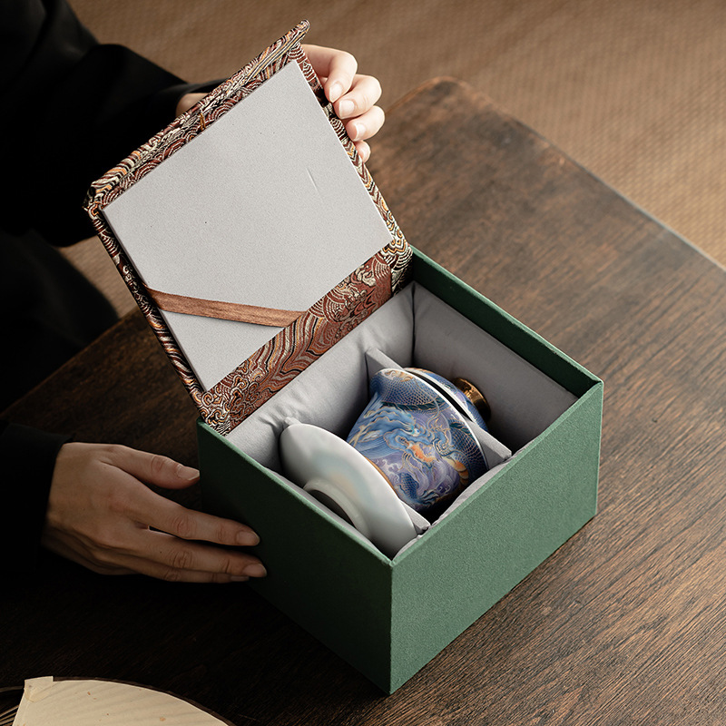 Bát có nắp sứ xanh trắng ngọc bích cốc pha trà men màu gia dụng bát có nắp tam tài cung đình cổ điển bộ trà một Kung Fu