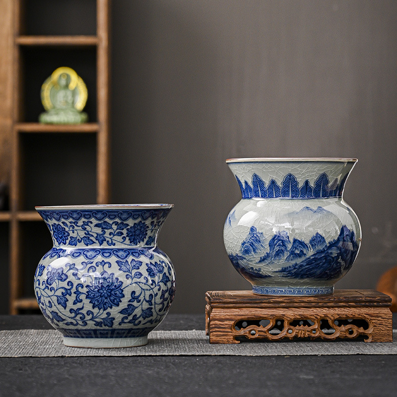 Jingdezhen màu xanh và trắng sứ cổ điển xây dựng nước rửa trà lớn gốm sứ thùng trà thùng trà thùng trà thùng rác thùng trà