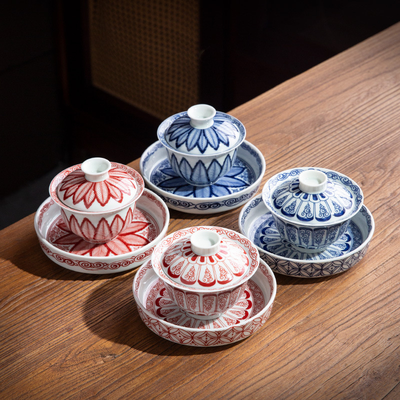 Dụng cụ pha trà cổ điển Kung Fu sứ trắng xanh dụng cụ pha trà bát ba tài năng gia dụng tách trà cốc chủ nhân có nắp đậy cốc