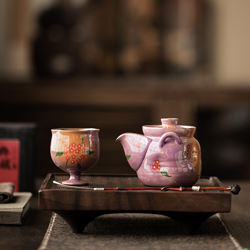 Pink Yin Lilac tím vẽ tay hoa nhỏ gốm sứ Xiangyun cầm tay bình kho báu bình trà tay chống bỏng bình đơn bộ trà Kung Fu