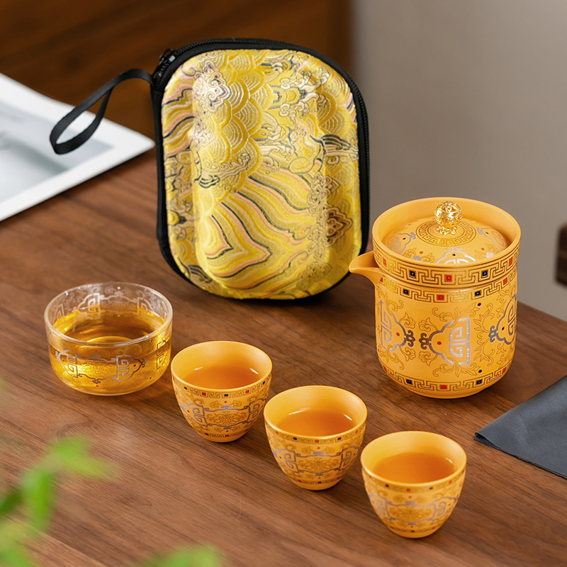 Bộ ấm chén du lịch văn hóa và sáng tạo Đôn Hoàng, chất liệu đất sét vàng tím, kiểu dáng cắm trại ngoài trời, tiện mang theo, ly nhỏ gọn