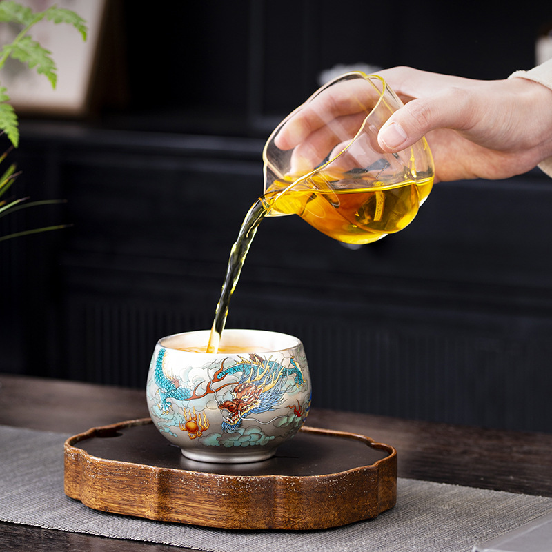 Bộ ấm chén trà Kung Fu cao cấp Dongkun Longfeng, chén đôi mạ vàng bạc, chén lớn, chén đơn, hộp quà tặng, quà lưu niệm cao cấp