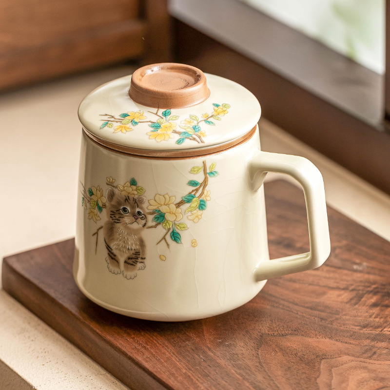 Cốc trà mèo dễ thương Ru Kiln cốc tách trà cốc cốc cốc cốc nước văn phòng cá nhân có nắp đậy bằng gốm hộp quà