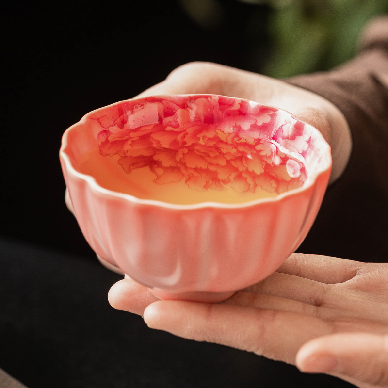 Cốc trà gốm sứ hồng Ru, cốc chủ nhân, cốc hoa mẫu đơn đỏ quốc gia, cốc đặc biệt uống trà cao cấp, cốc trà