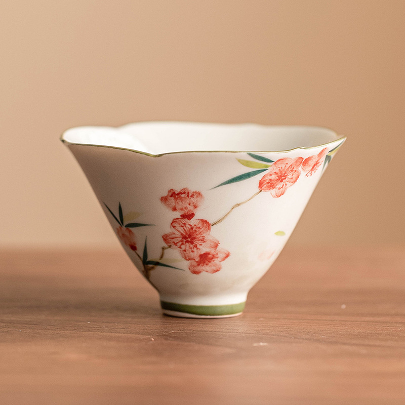 Cốc xô hoa đào vẽ tay cốc đơn cốc trà Kung Fu cao cấp cốc chủ nhân cốc gốm sứ bộ trà đơn hộp quà tách trà