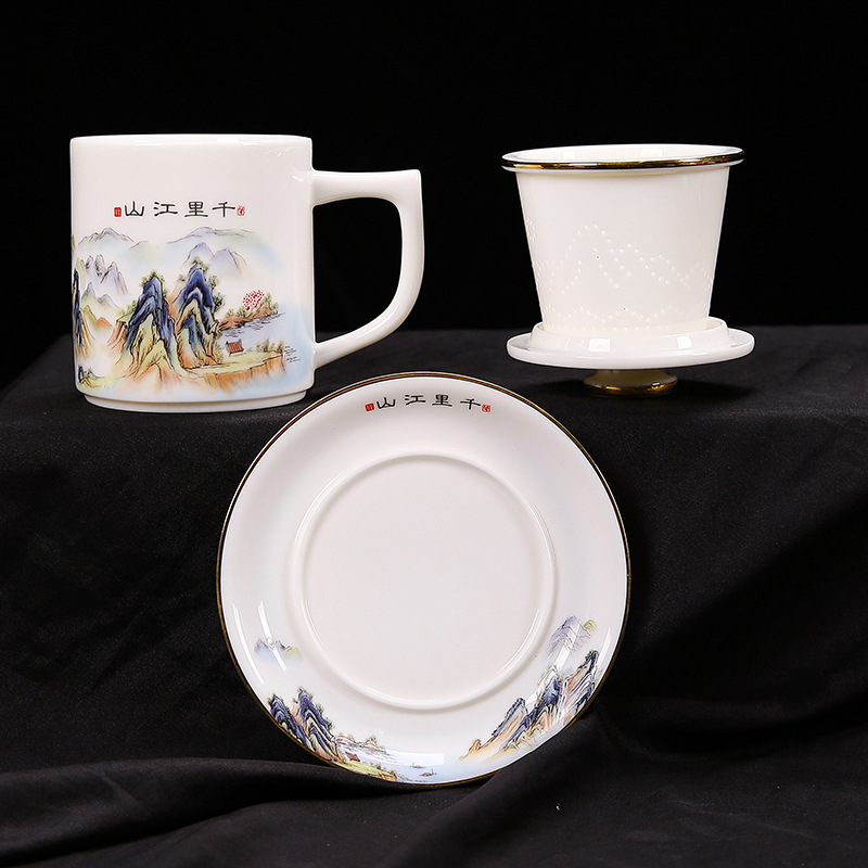 Cốc trà gốm sứ ngọc bích mỡ cừu Hàng Ngàn Dặm Giang Sơn Cốc văn phòng có nắp đế cốc Đức Hoa sứ trắng cốc nước văn phòng
