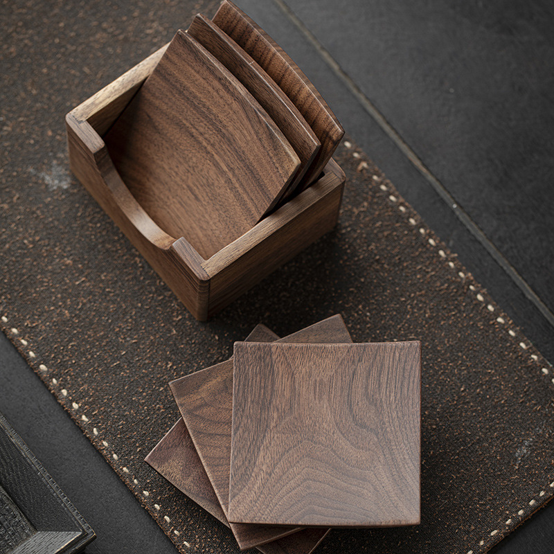 Hộp lưu trữ đệm cốc vuông gỗ óc chó đen, đệm cách nhiệt bằng gỗ đặc, khay đựng cốc trà, đĩa trà đạo, khay trà đạo