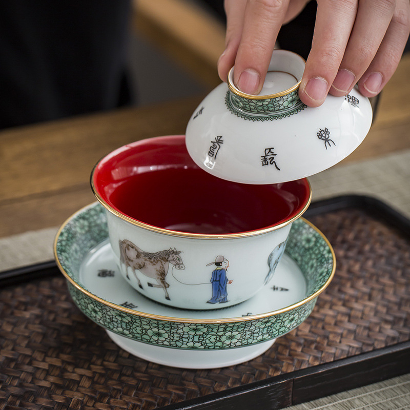 Jingdezhen cổ điển cỡ lớn bát có nắp ba tài dụng cụ pha trà cao cấp bát pha trà bát ly trà sứ