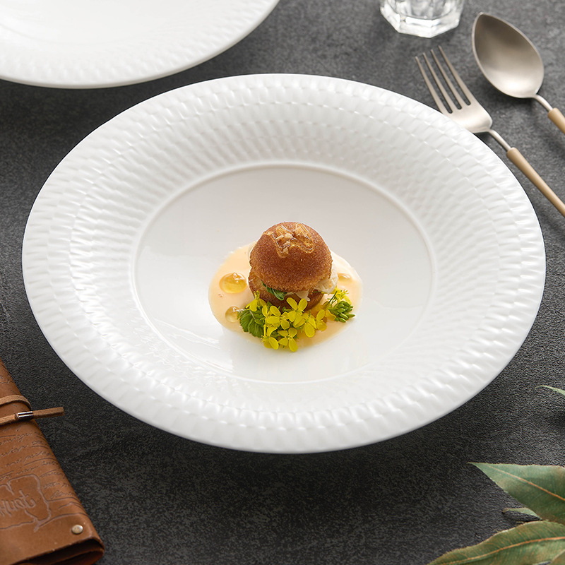 Đĩa mì ống gốm sứ Đĩa súp Bộ đồ ăn khách sạn Đĩa sáng tạo bằng sứ trắng cao cấp Bộ đồ ăn gia dụng Đĩa tròn Bát súp Đĩa ăn tối