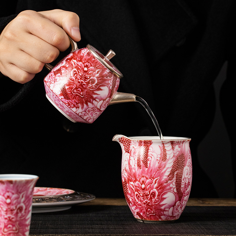 He Fusen mạ bạc carmine Dragon Four Seas Ấm trà Quà tặng sinh nhật cho cha mẹ và người lớn tuổi