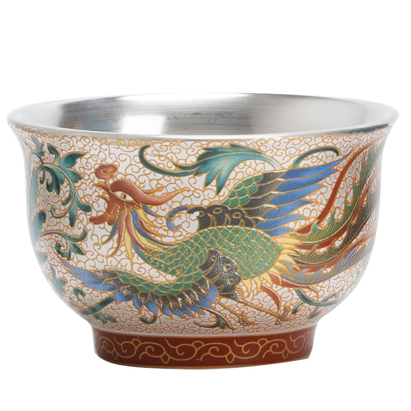 Cốc cặp đôi rồng và phượng hoàng, cốc trà mạ bạc 999, cốc chủ nhân, cốc trà cao cấp sang trọng nhẹ, hộp quà Bộ trà