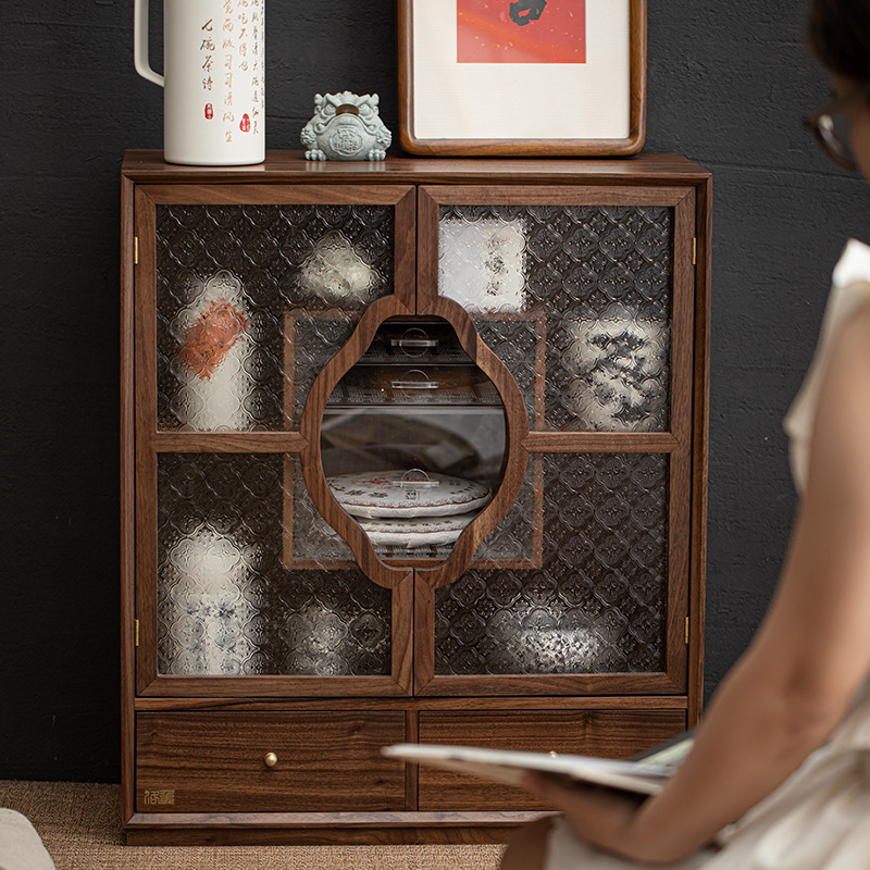 Phong cách Trung Quốc mới Bắc Mỹ Gỗ Óc Chó Mantingfang tủ đựng trà Bộ trà cốc trà Ngăn Kéo Chống bụi ngăn kéo kính