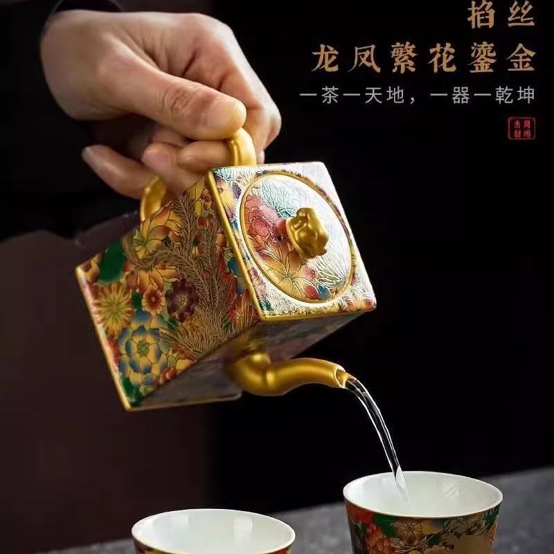 Zhou Hongjie Bộ ấm vuông hoa sen mạ vàng bộ trà cao cấp gia dụng bằng tay lọc băng gốm