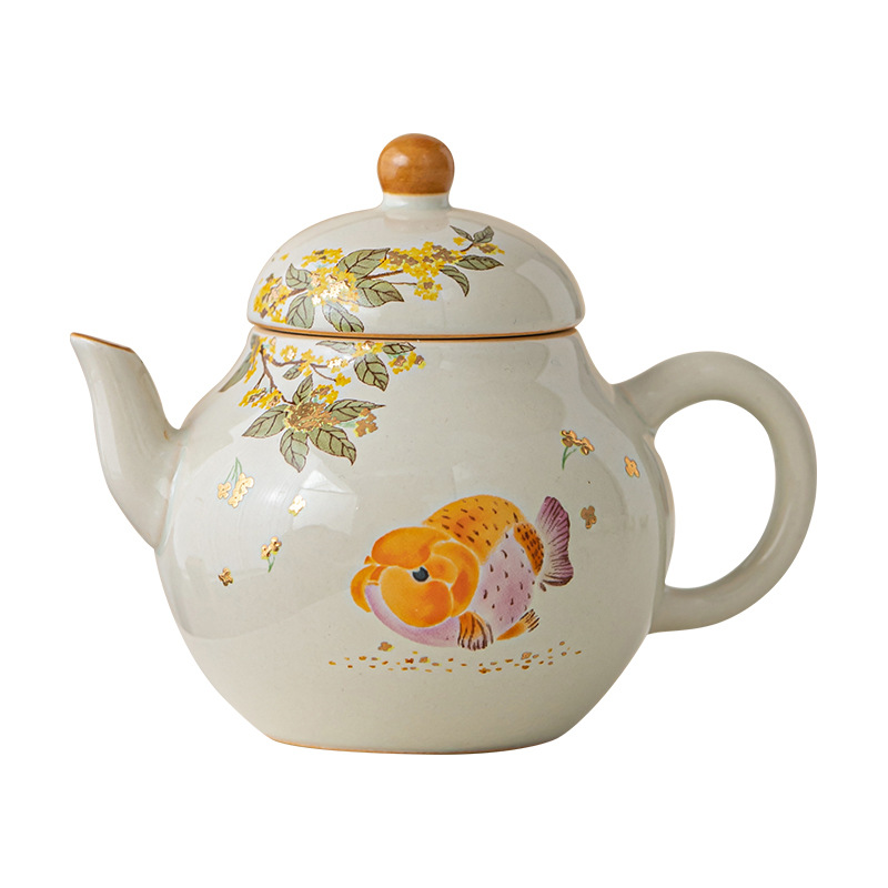 Ấm trà màu xám cỏ cây phong cách Trung Quốc Zen Osmanthus Golden Fish Ruyi Ấm cầm tay tinh xảo Ấm trà đơn