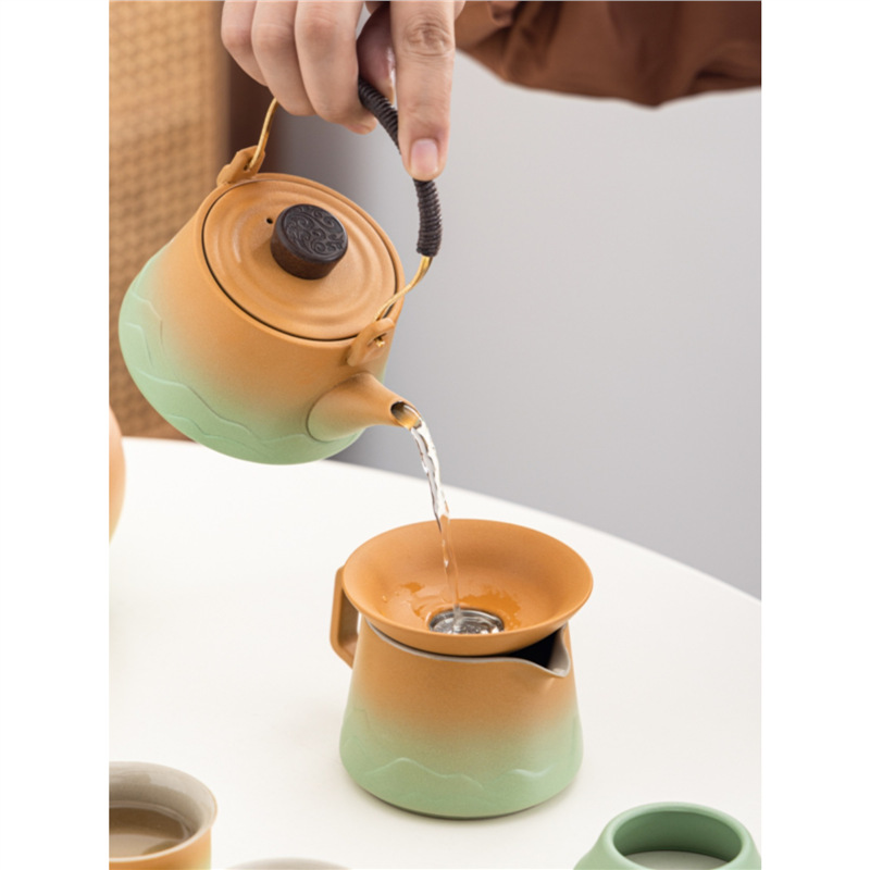 Bộ dụng cụ trà Kung Fu Gradient gốm thô, bình đựng xà bằng gốm, cốc trà có nắp, bộ ấm pha trà cao cấp văn phòng gia dụng