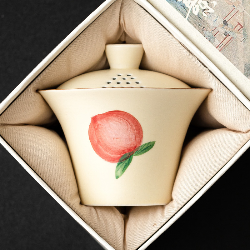 Fan Yin vẽ tay đào móng ngựa nắp bát trà cốc trà giá trị cao bộ trà nữ bát trà gốm sứ có nắp lớn tam tài