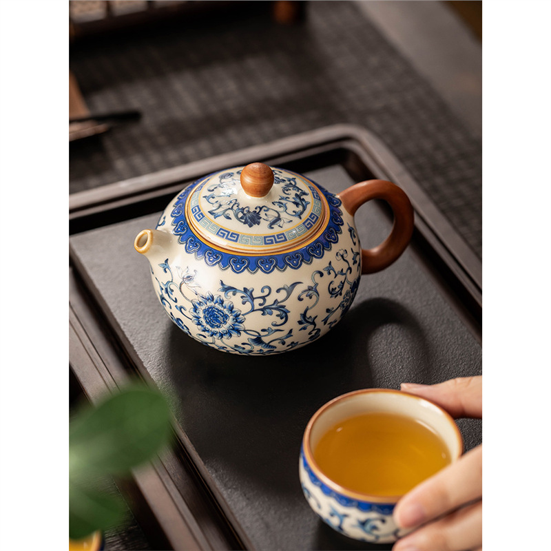 Ấm trà Xishi gốm sứ trắng xanh mới 2024 ấm trà đơn dụng cụ pha trà Kung Fu gốm sứ cao cấp gia dụng