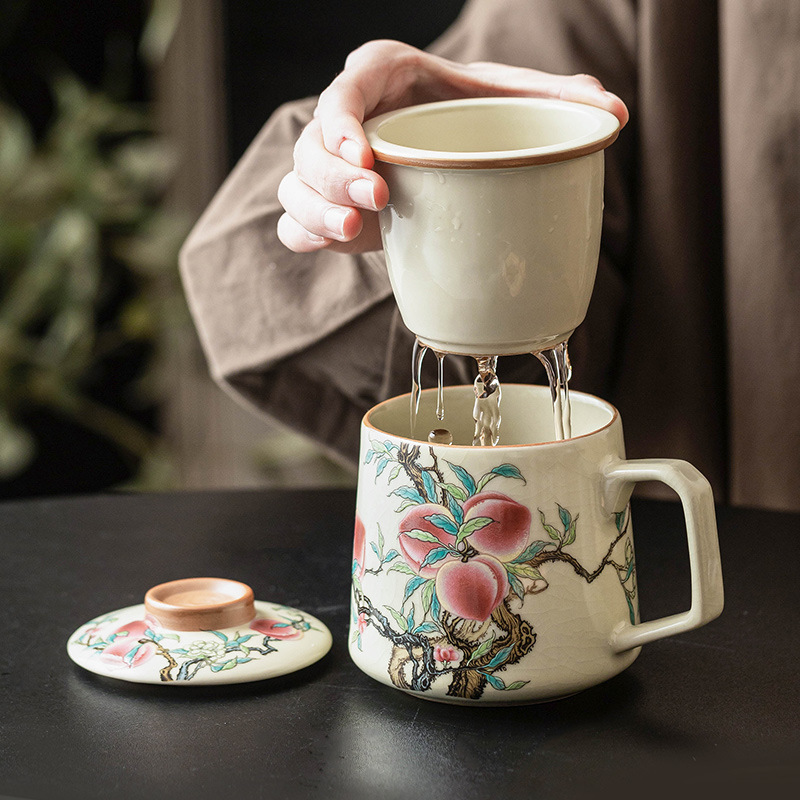 Cốc gốm chín quả đào có nắp đậy cốc gốm sứ gia dụng cảm giác cao cấp cốc văn phòng tách nước trà cốc pha trà