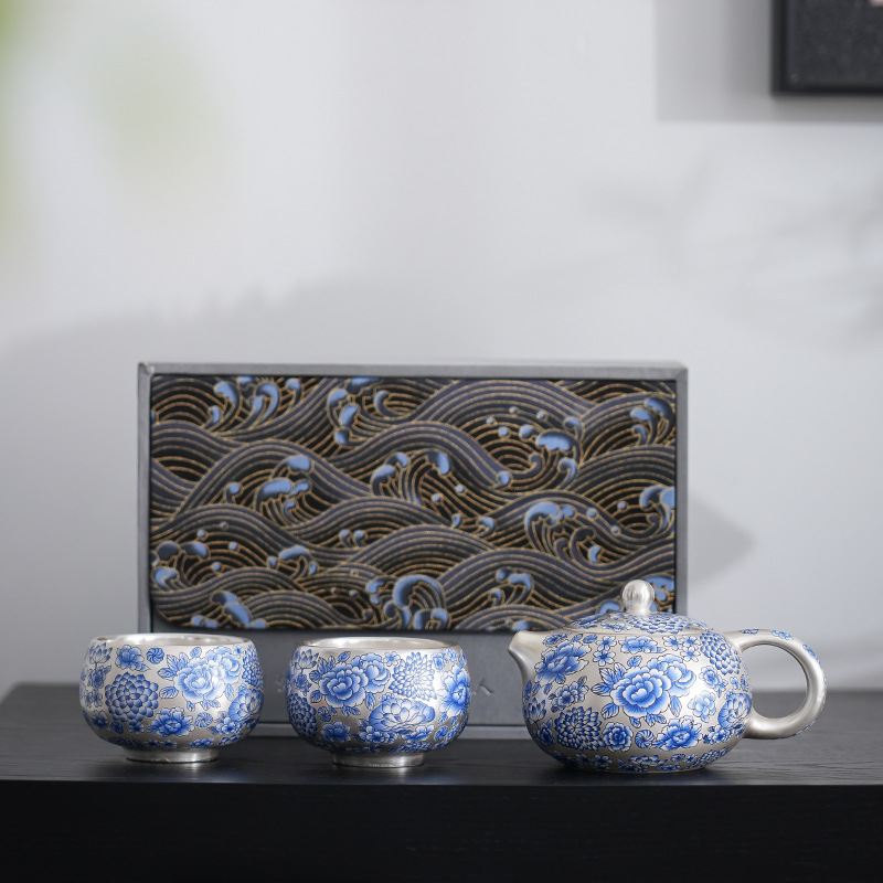 Bộ ấm chén hoa mẫu đơn xanh trắng Xishi của bậc thầy Xie Shuanggui, bạc dát vàng 999, một ấm hai chén, hộp quà tinh tế, quà tặng sang trọng