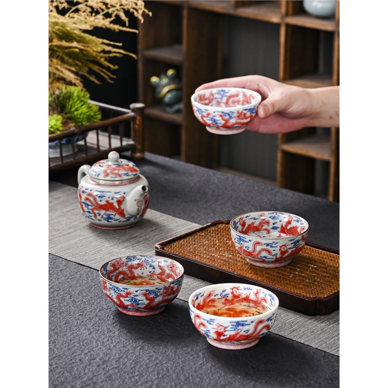 Cốc đôi rồng phượng cổ điển kiểu Trung Quốc cốc chủ nhân sứ trắng xanh bộ trà gốm sứ cốc pha trà dung tích lớn gia dụng cốc đơn bát trà