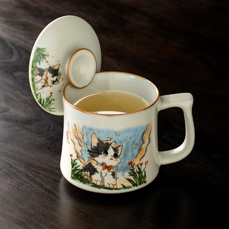 Cốc mug mèo dễ thương Ru Kiln cốc gốm cốc nước văn phòng cốc cao cấp sang trọng nhẹ gia dụng dung tích lớn