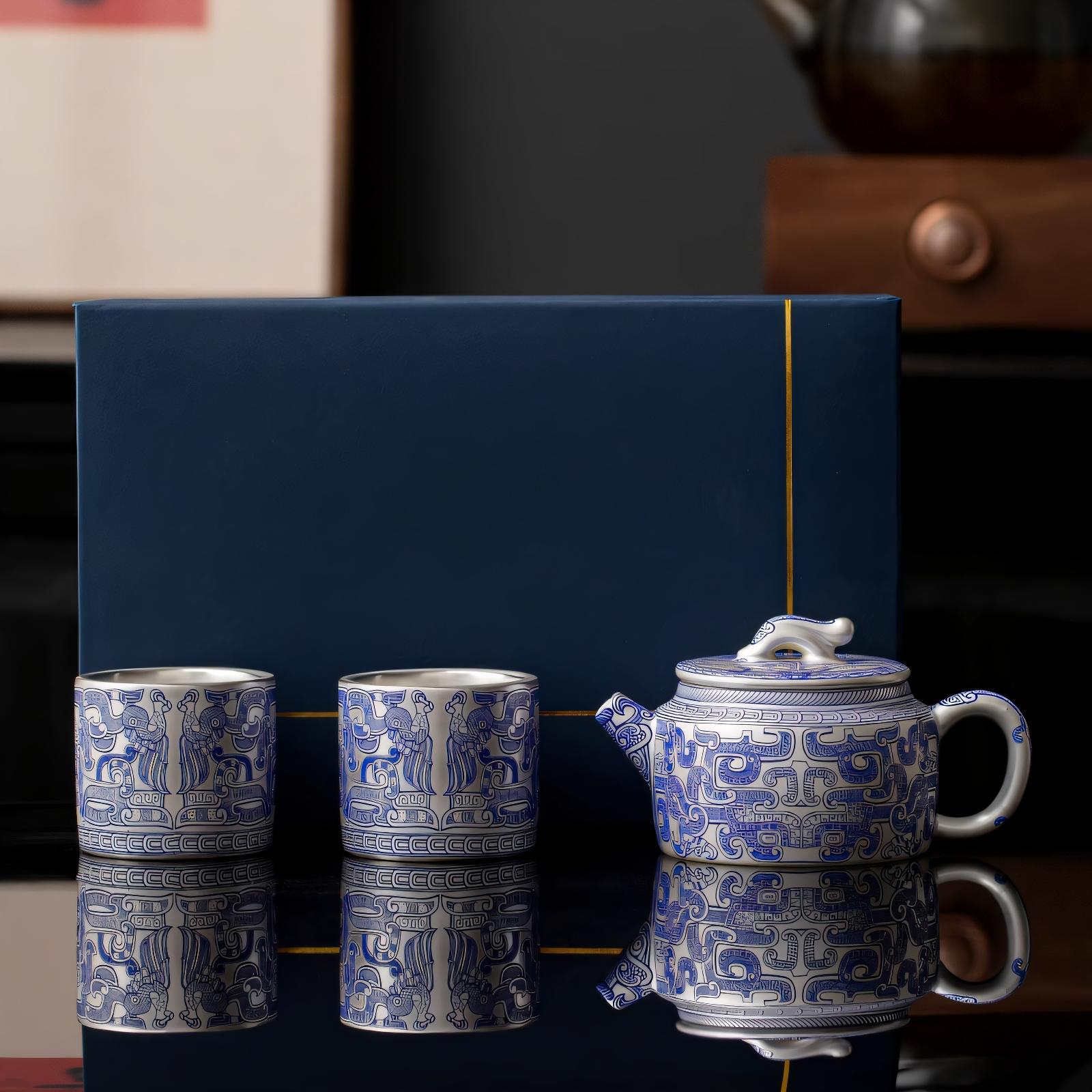 Bộ ấm chén trà mới cao cấp phong cách nhẹ nhàng, màu xanh trắng, tráng bạc, chất liệu gốm sứ cao cấp, tinh xảo, dùng trong gia đình.