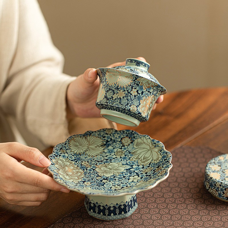 Bát nắp tam tài hoa văn gốm sứ gia dụng phong cách Trung Quốc cổ điển bộ trà sứ bát sứ đồ pha trà lớn màu xanh và trắng