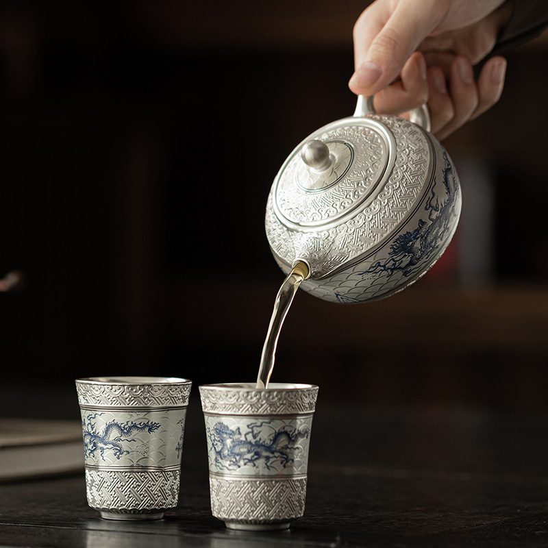 Bộ dụng cụ trà một ấm hai tách rồng bay mạ bạc Chengyun ấm trà đồ dùng gốm sứ gia dụng Xi Shi ấm trà thiết bị pha trà quà lưu niệm
