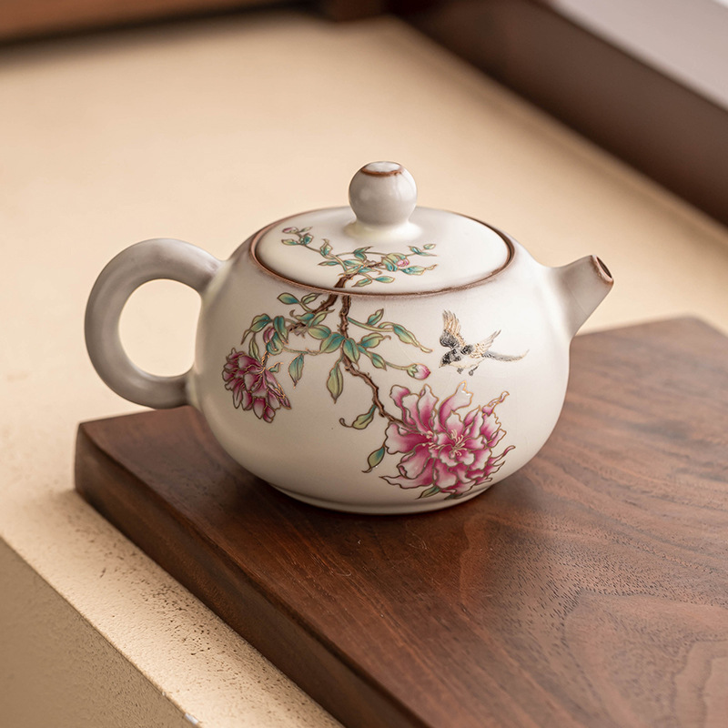 Ấm trà Ru Kiln Ấm trà đơn lọc cổ điển kiểu Trung Quốc gia dụng Bình thạch mỡ lợn Hoa mẫu đơn Xi Shi Bình một hộp quà