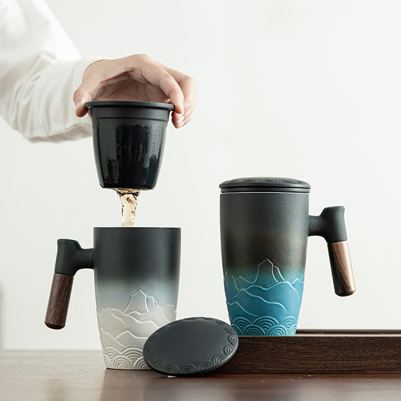 Cốc văn phòng Shangyue kiểu Nhật Cốc gốm cốc Mug tay cầm bằng gỗ có nắp tách trà tách trà Cốc uống nước dung tích lớn