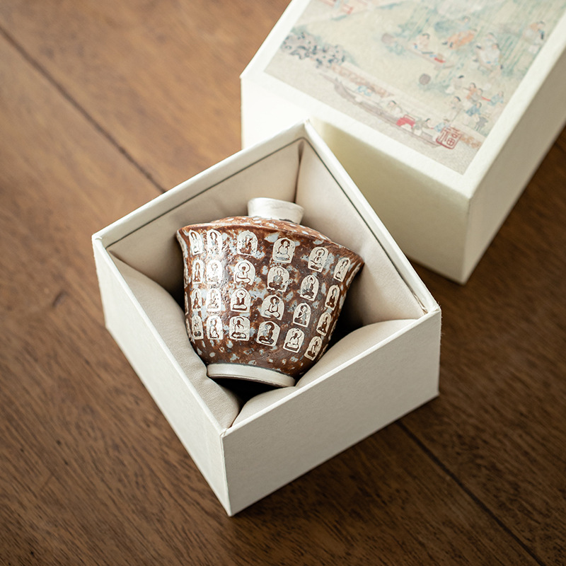 Đôn Hoàng Vạn Phật mạ bạc hai chiếc bát có nắp làm bằng gốm thô thủ công bùn đá cổ điển Bát Trà Hộp Quà Bộ trà Kung Fu